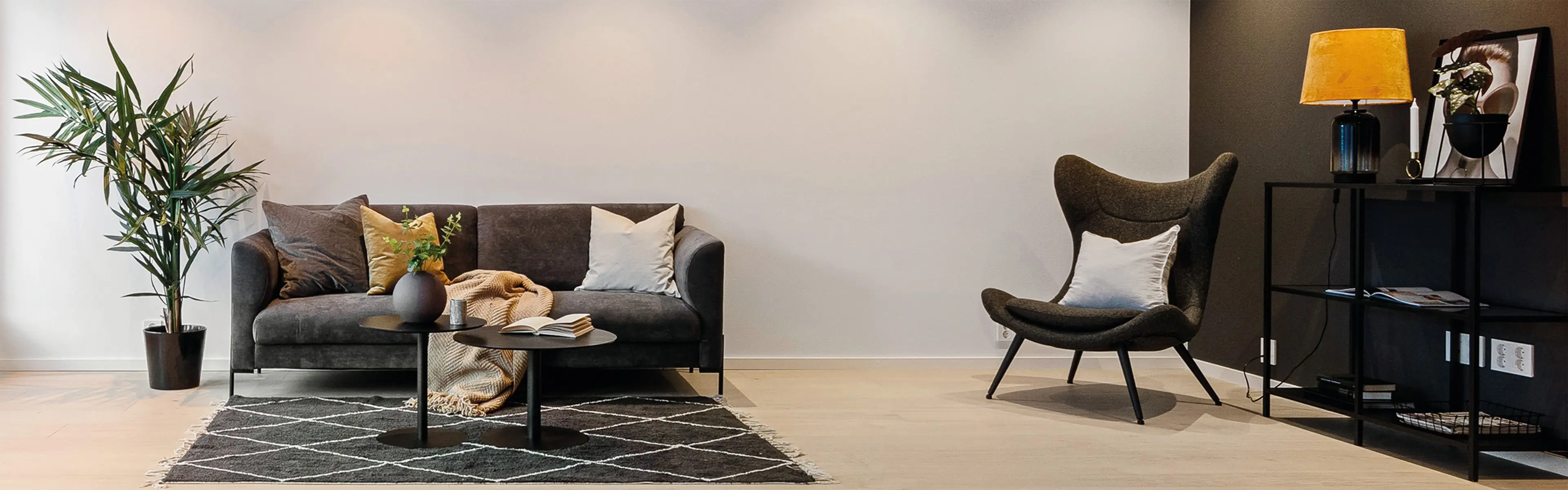 moderne stue med glatte, lysmalte vegger og sort fondvegg